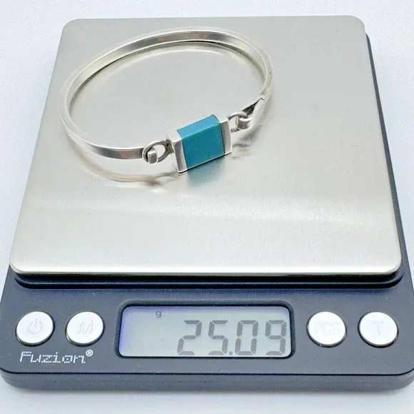 Taxco Sterling Silver Turquoise Bangle Bracelet Size 6.5 Mexico Hook Closure 25g - Picture 7 of 9